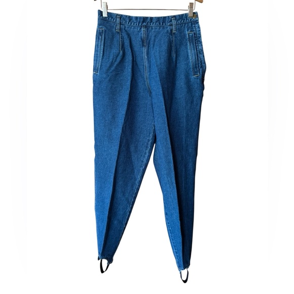 1980s Liz Wear Denim High-Waist Tapered Leg Pleated Front Side-Zip Stirrup Jeans - Picture 1 of 7